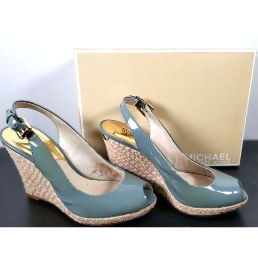 Michael Michael Kors Woman's Keegan Sling Wedge Patent Surf (Blue) Heels (5.5)